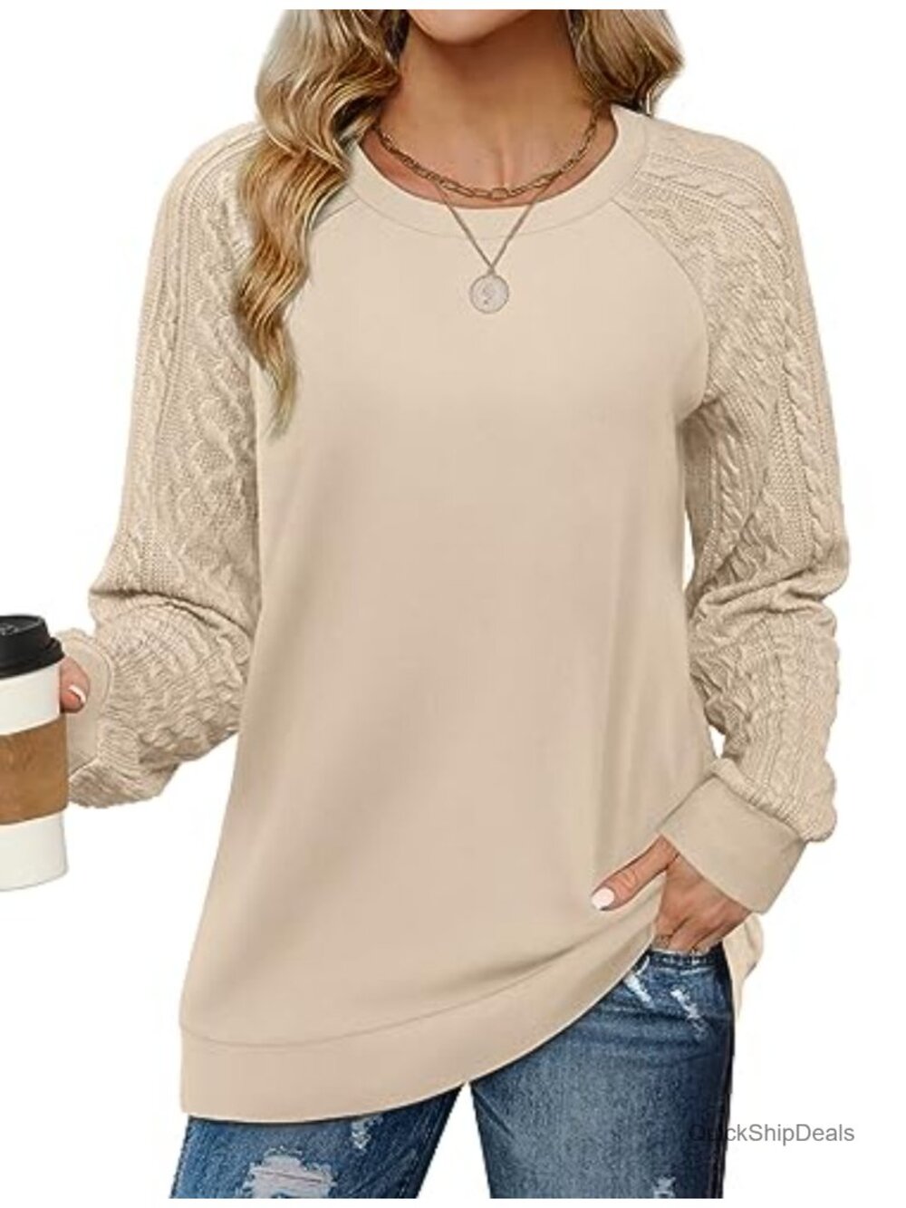 Cable Knit Sleeve Crewneck Sweatshirt Loose Fit Long Sleeve Pullover